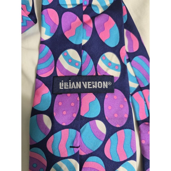 Lililan Vernon Purple Pink Blue White Navy Easter Eggs Vintage 1992 Silk Necktie - Picture 2 of 3